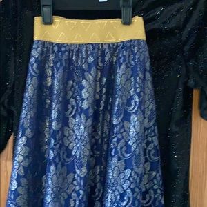 LuLaRoe Elegant Lace Lucy Maxi Skirt Blue&Silver w/ Gold Waistband EUC 💙🩶💛